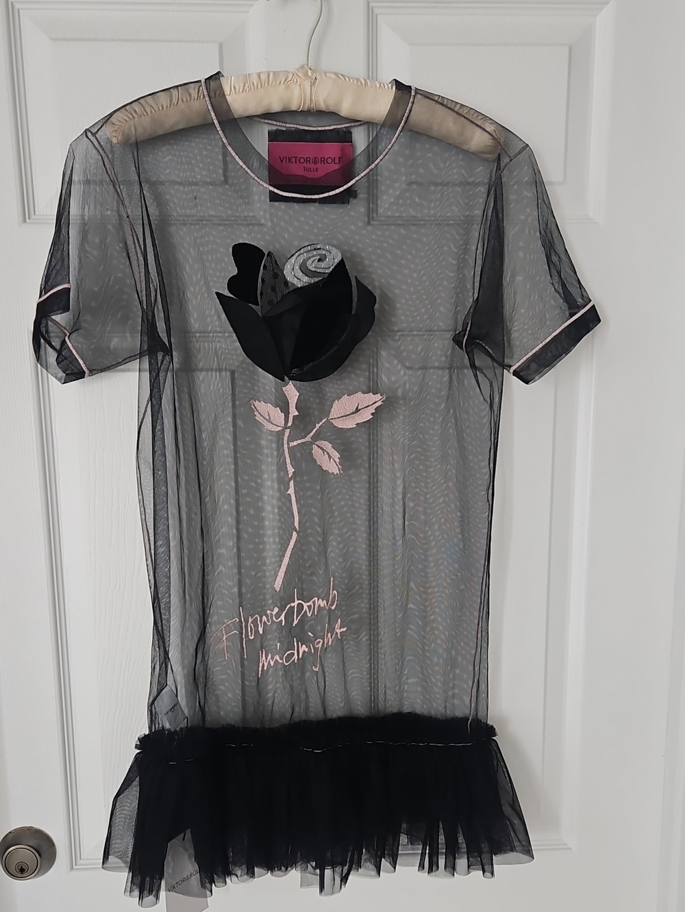 Viktor & Rolf Black Mesh Dress with Pink Rose Detail